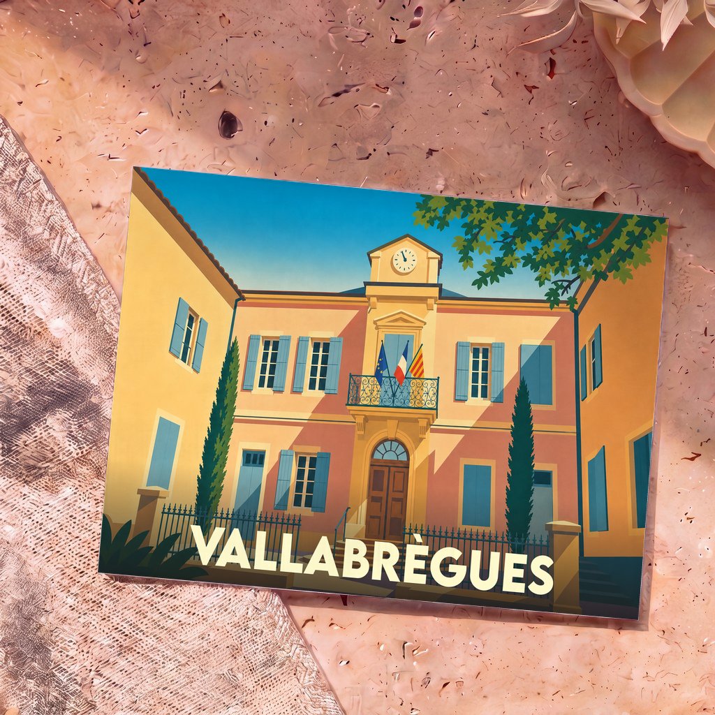 Carte postale souvenir de la ville de Vallabrègues illustrant la mairie avec un style graphique épuré et coloré.
