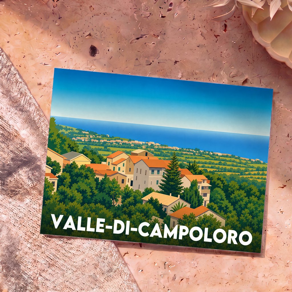 Carte postale souvenir de la ville de Valle-di-Campoloro avec une illustration stylisée d'un paysage côtier.