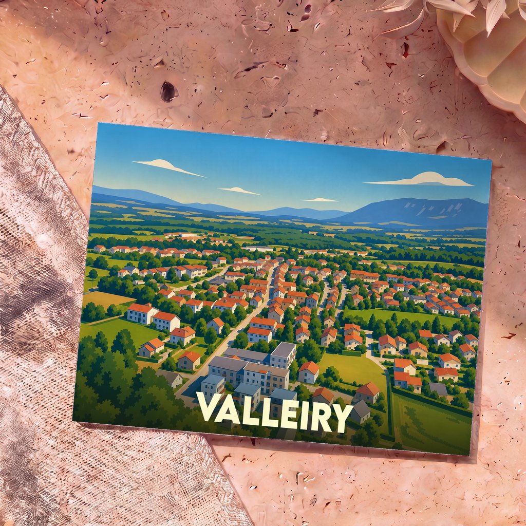 Carte postale souvenir de la ville de Valleiry avec une illustration paysagère stylisée.