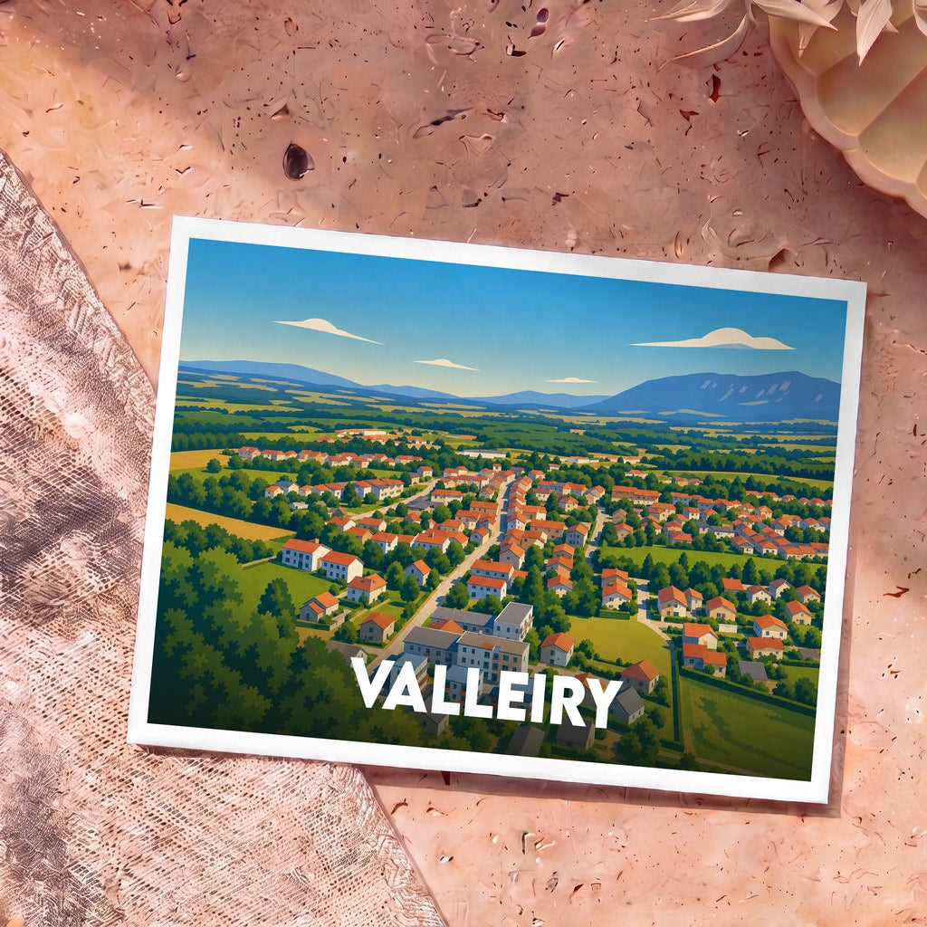 Carte postale souvenir de la ville de Valleiry avec une illustration paysagère stylisée.