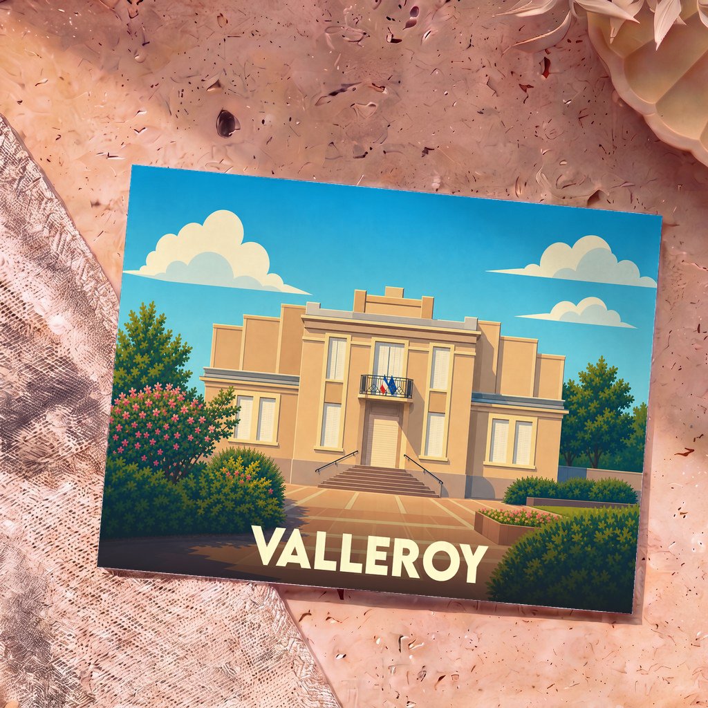 Carte postale souvenir de la ville de Valleroy avec une illustration stylisée de son hôtel de ville.
