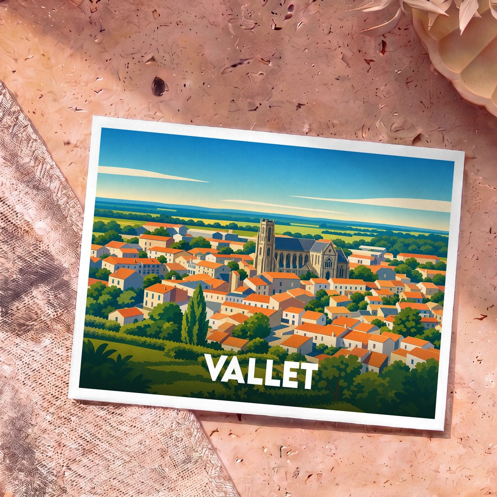 Carte postale souvenir de la ville de Vallet avec une illustration stylisée d'un panorama urbain.