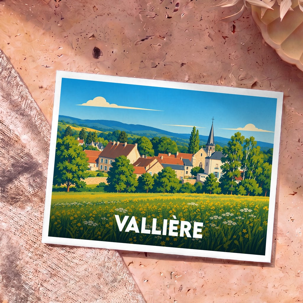Carte postale souvenir de la ville de Vallière illustrant un paysage de campagne vallonné et son clocher.