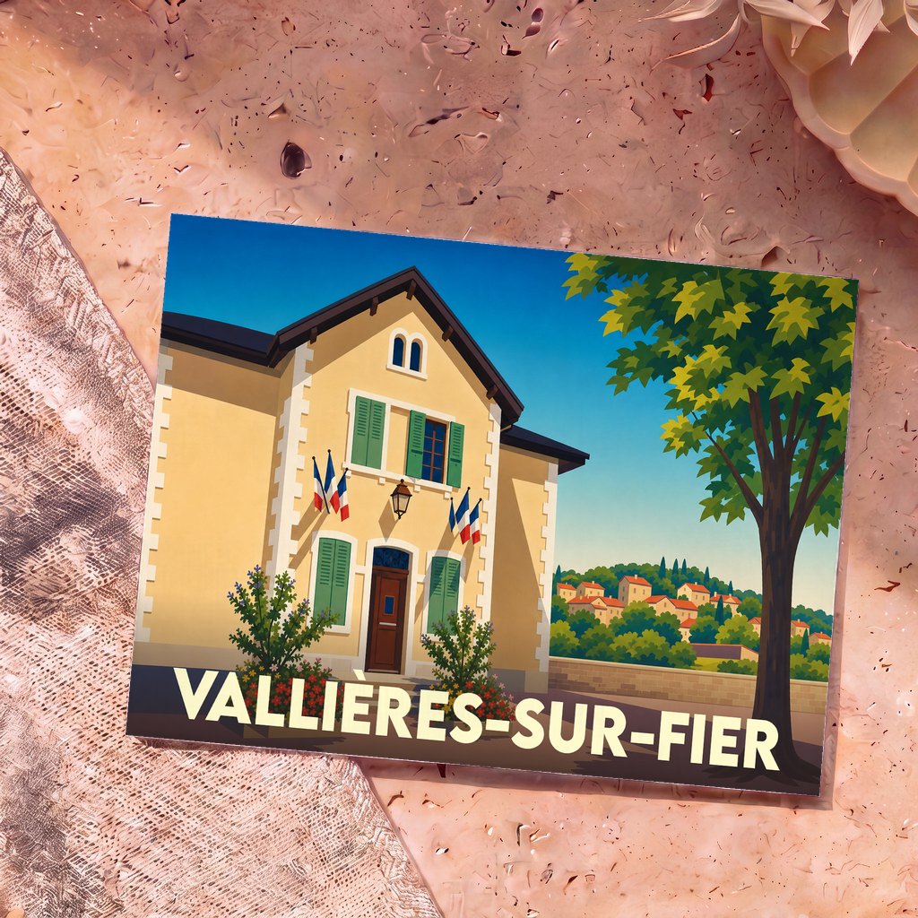 Carte postale souvenir de Vallières-sur-Fier avec une illustration stylisée de sa mairie.