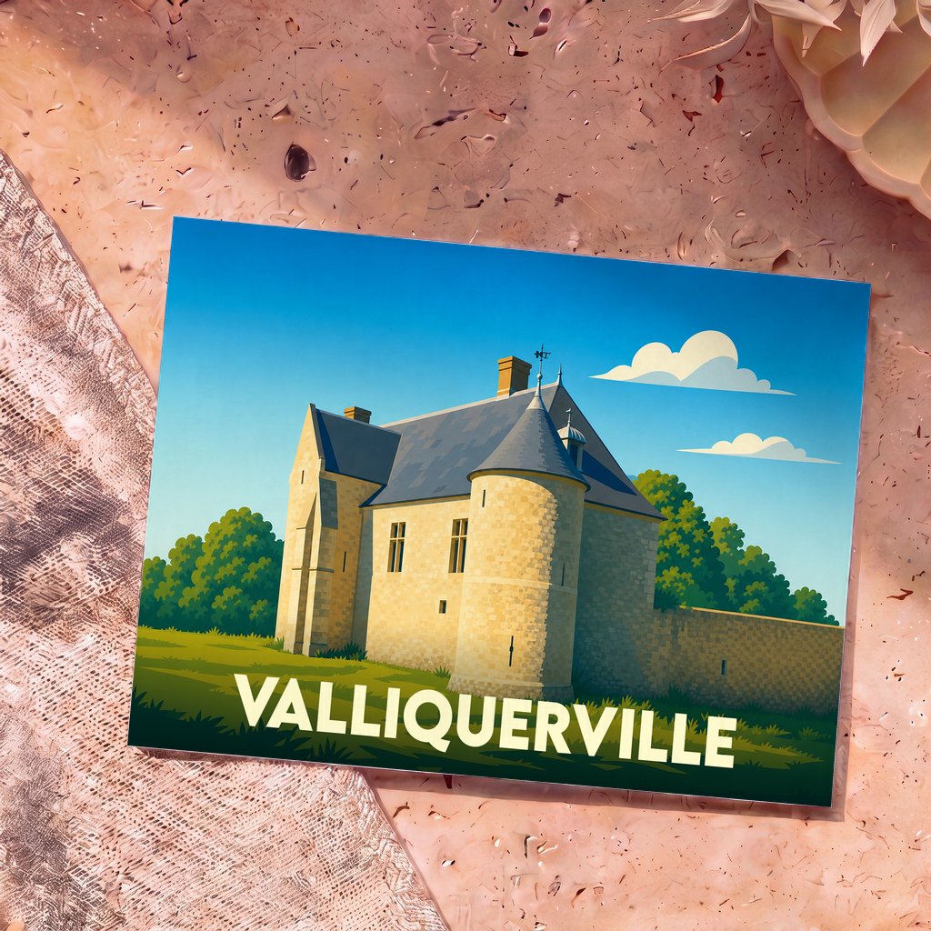 Carte postale souvenir de la ville de Valliquerville avec une illustration stylisée de son patrimoine architectural.