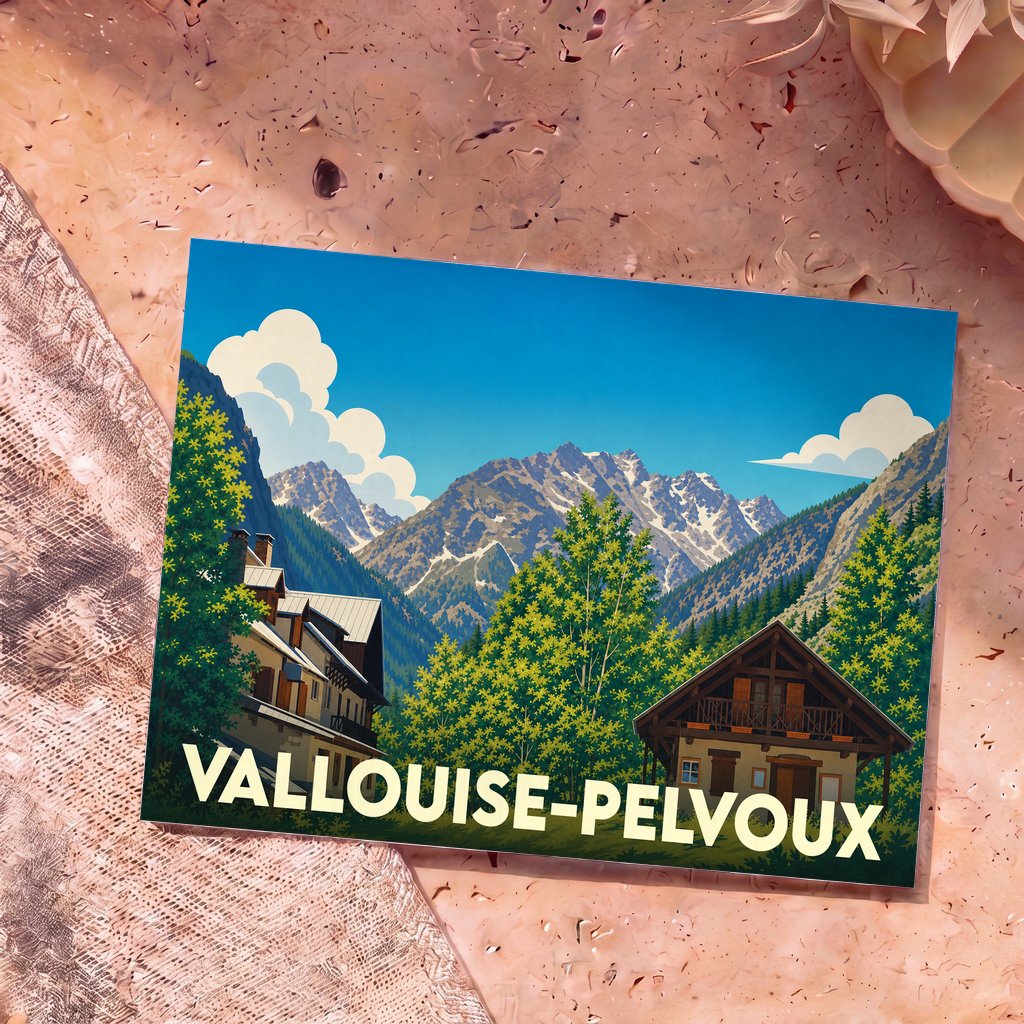 Carte postale souvenir de la ville de Vallouise-Pelvoux avec une illustration stylisée de chalets et de montagnes.