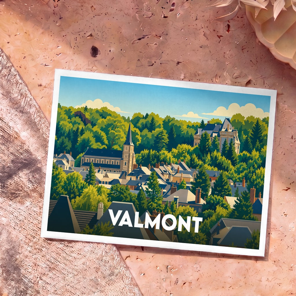 Carte postale souvenir de la ville de Valmont avec une illustration stylisée de ses toits, son église et son château nichés dans la verdure.
