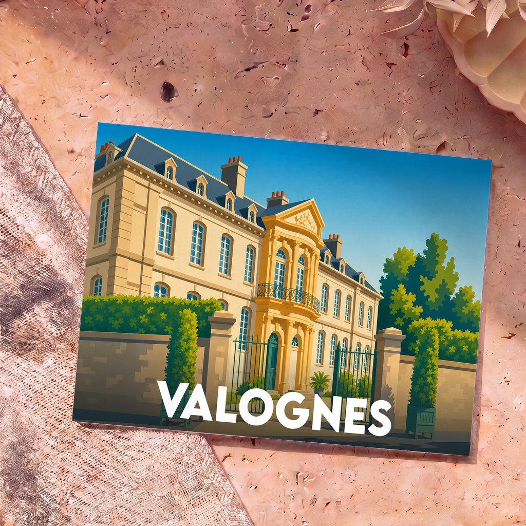 Carte postale souvenir de la ville de Valognes avec une illustration stylisée d'un hôtel particulier.