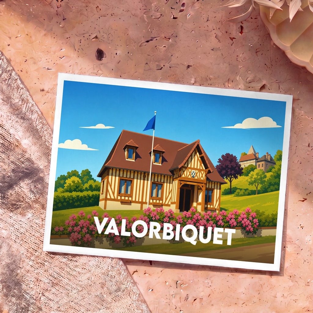 Carte postale souvenir de la ville de Valorbiquet avec une illustration stylisée d'une maison à colombages.