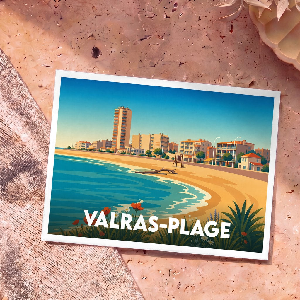 Carte postale souvenir de Valras-Plage avec une illustration colorée et stylisée de son front de mer.