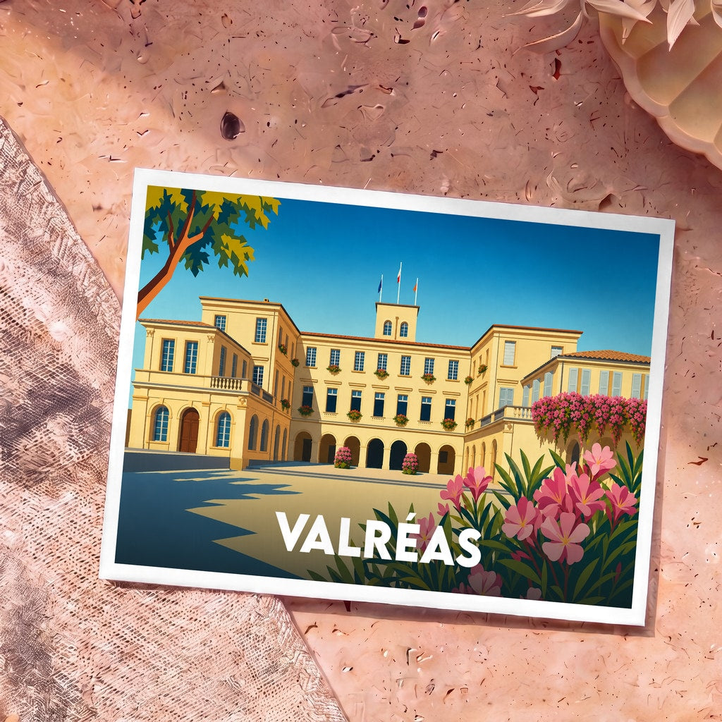 Carte postale souvenir de la ville de Valréas avec une illustration stylisée de son hôtel de ville.