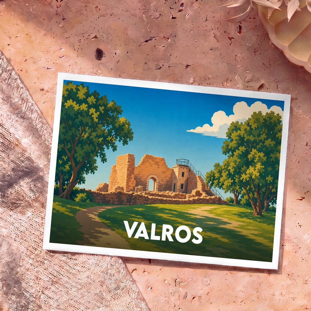 Carte postale souvenir de la ville de Valros arborant une illustration stylisée de ruines médiévales sous un ciel bleu.
