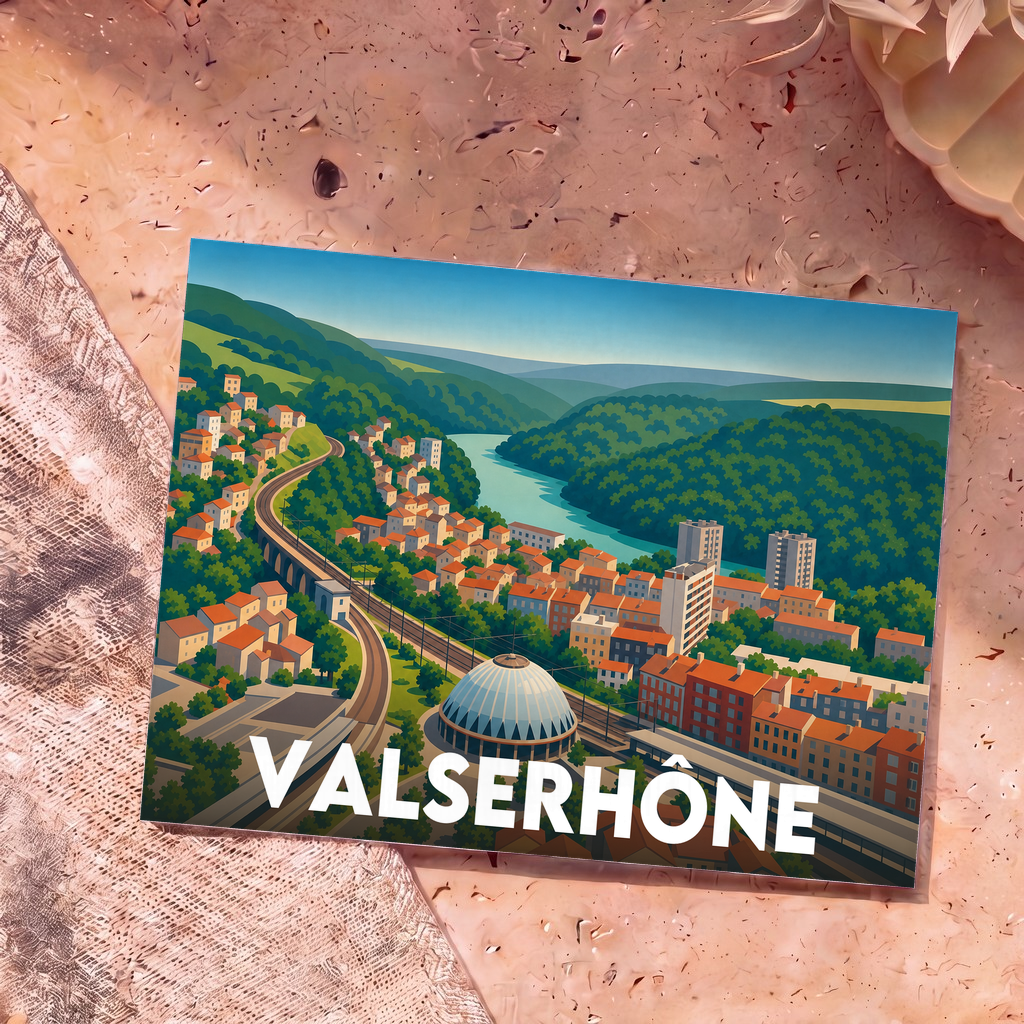 Carte postale souvenir de la ville de Valserhône avec une illustration stylisée d'un paysage urbain et ferroviaire.