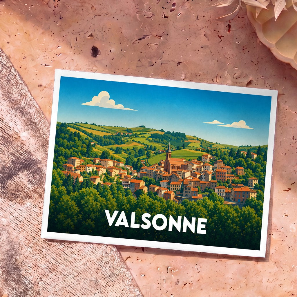 Carte postale souvenir de la ville de Valsonne avec une illustration stylisée de son village vallonné.