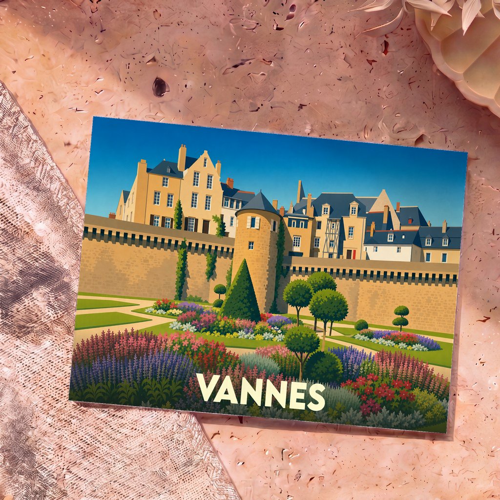 Carte postale souvenir de la ville de Vannes avec une illustration stylisée de ses remparts et de ses jardins fleuris.