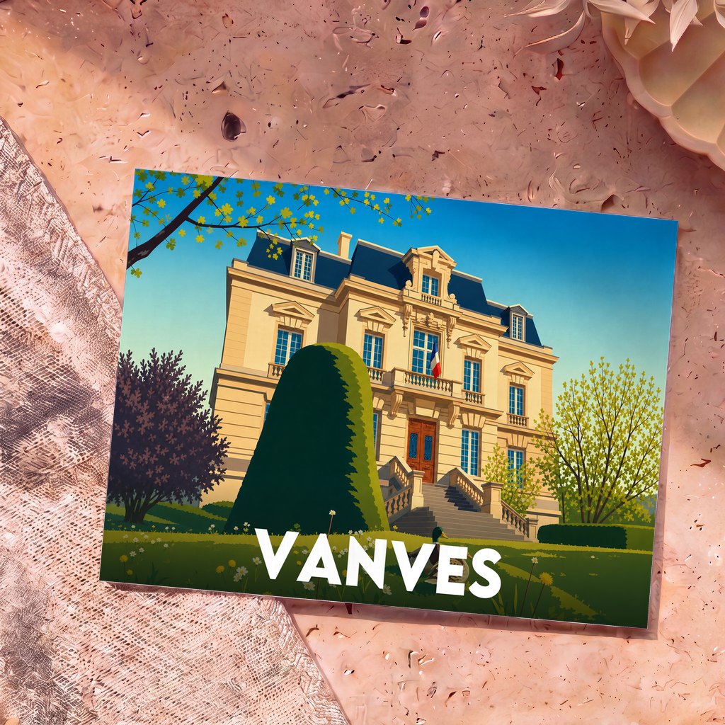 Carte postale souvenir de la ville de Vanves illustrant l'hôtel de ville dans un style graphique épuré.