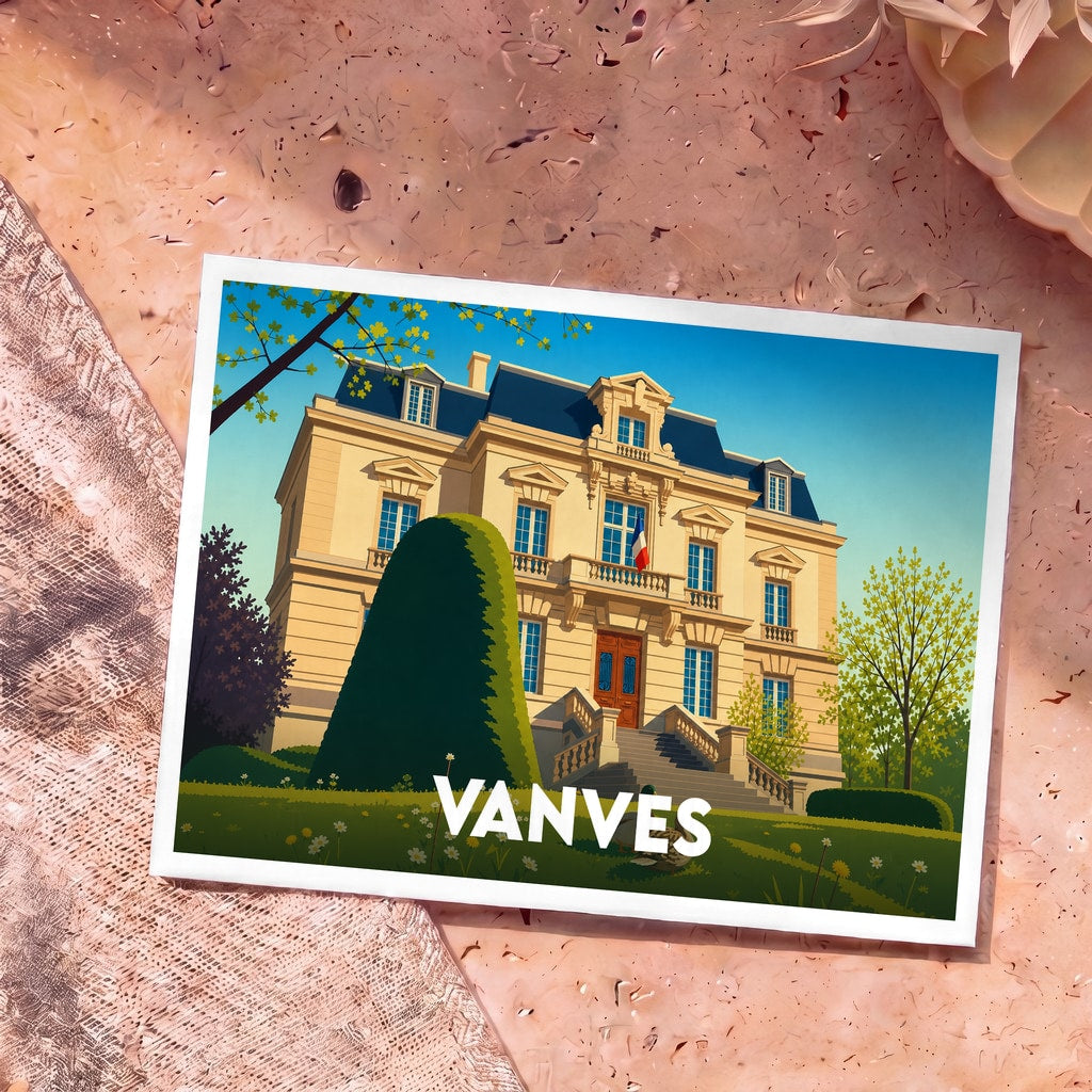 Carte postale souvenir de la ville de Vanves illustrant l'hôtel de ville dans un style graphique épuré.