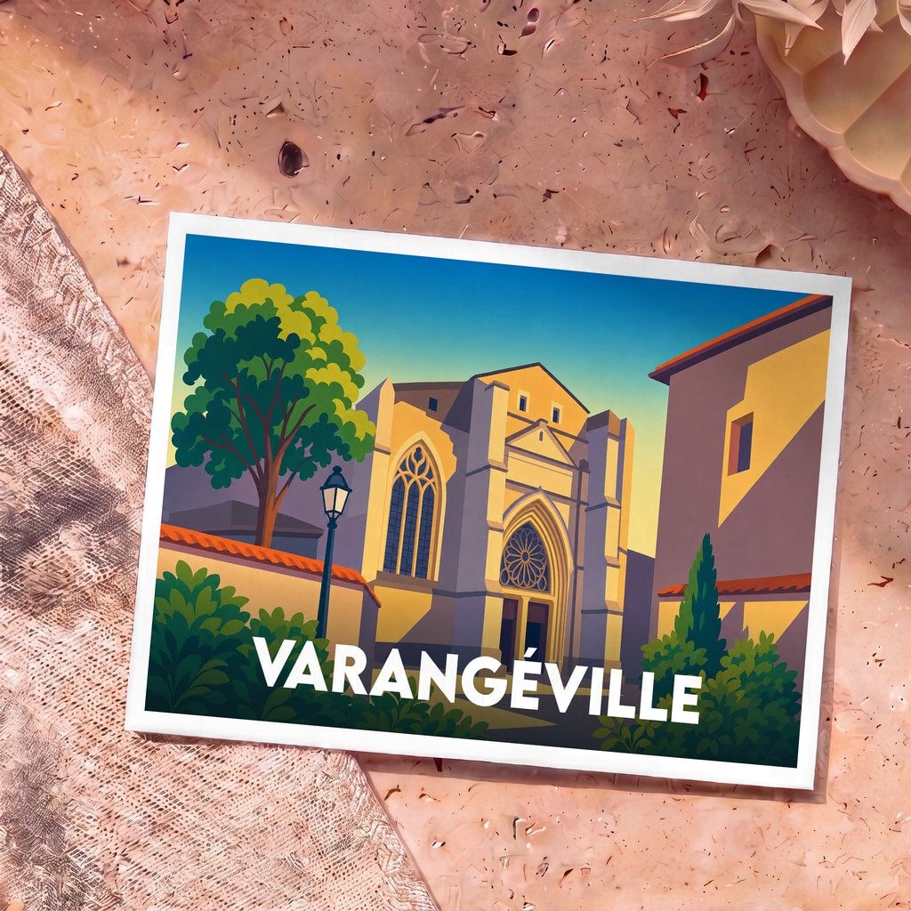 Carte postale souvenir de la ville de Varangéville avec une illustration stylisée de son église.