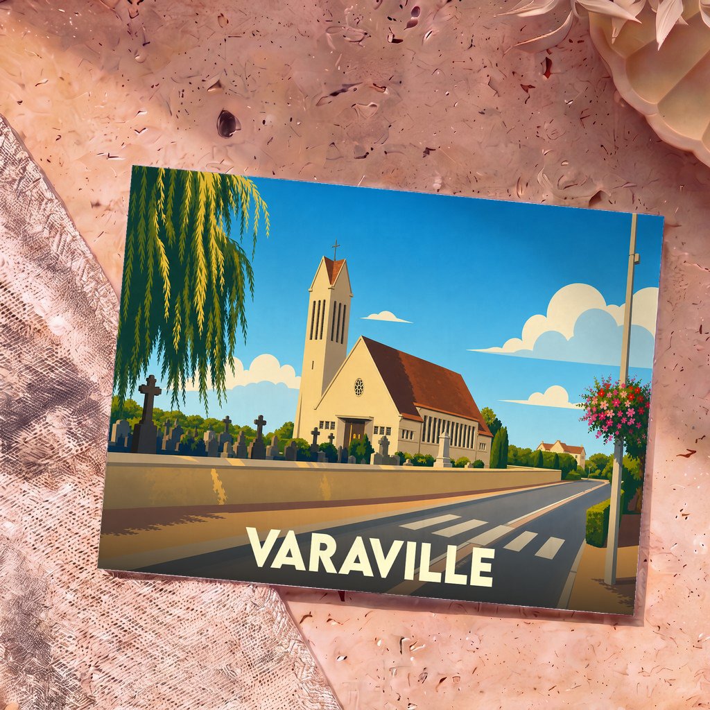 Carte postale souvenir de la ville de Varaville avec une illustration stylisée d'une église et de son cimetière.