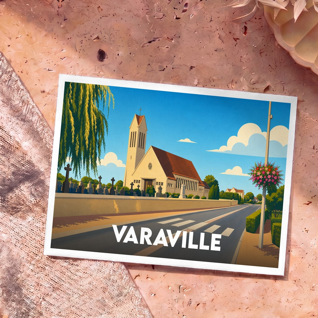 Carte postale souvenir de la ville de Varaville avec une illustration stylisée d'une église et de son cimetière.