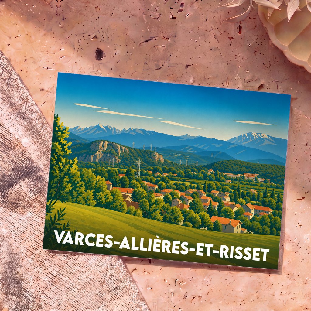 Carte postale souvenir de la ville de Varces-Allières-et-Risset avec une illustration stylisée de son paysage montagneux.