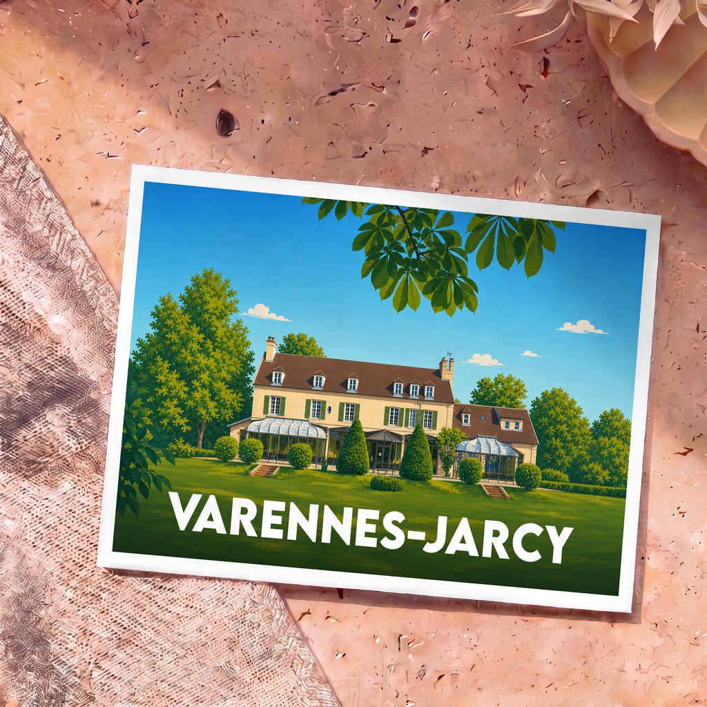 Carte postale souvenir de la ville de Varennes-Jarcy avec une illustration stylisée d'un manoir entouré de verdure.