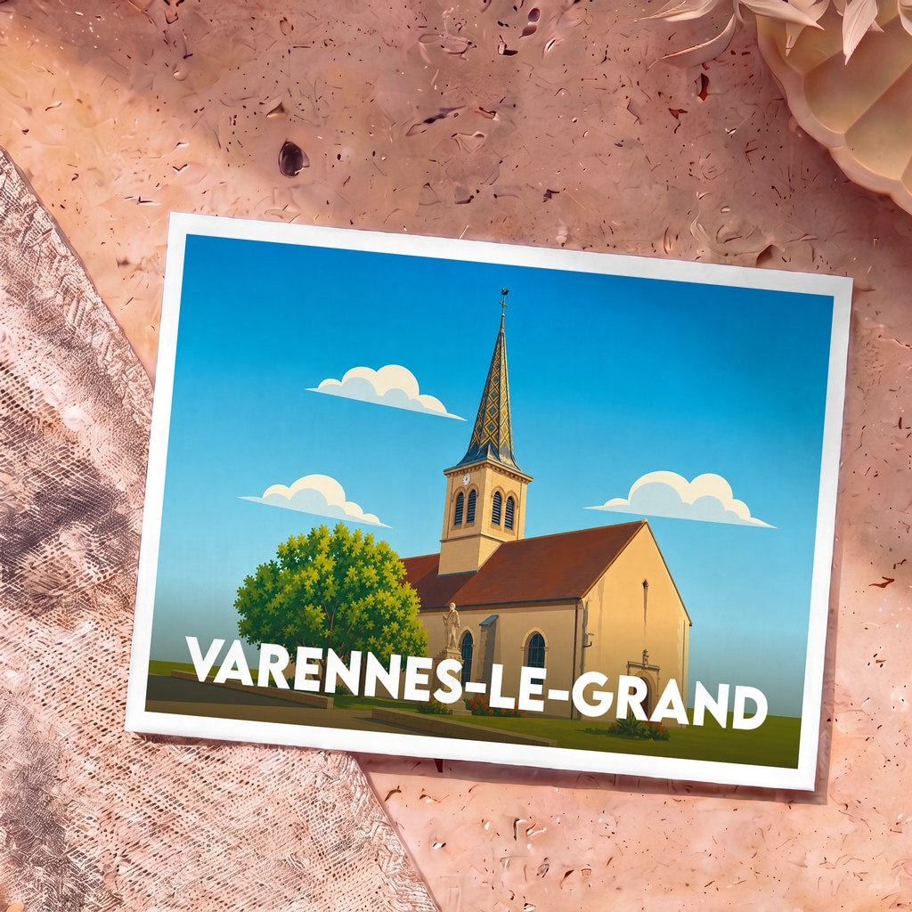 Carte postale souvenir de la ville de Varennes-le-Grand avec une illustration stylisée de son église.