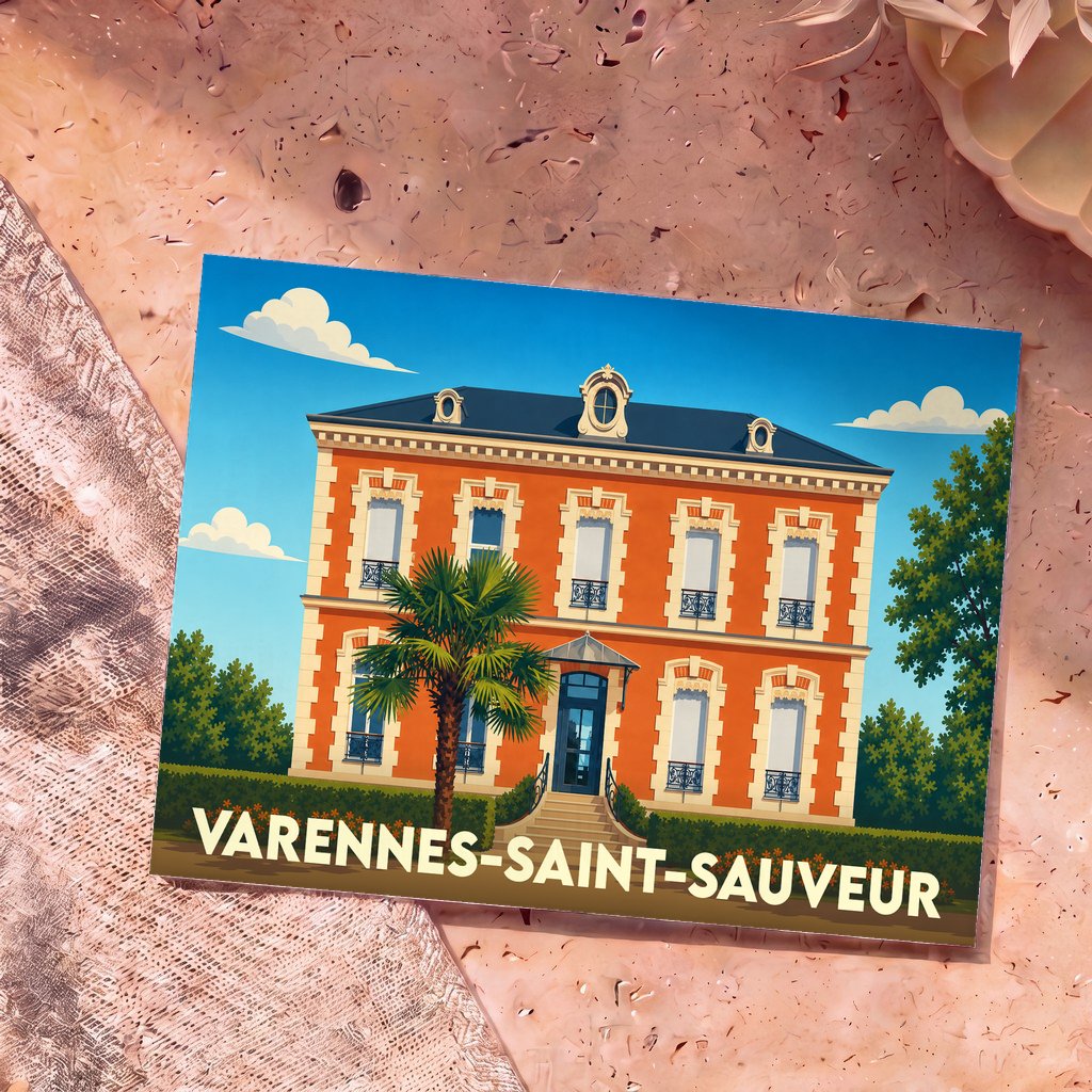 Carte postale souvenir de la ville de Varennes-Saint-Sauveur illustrant une demeure bourgeoise colorée.