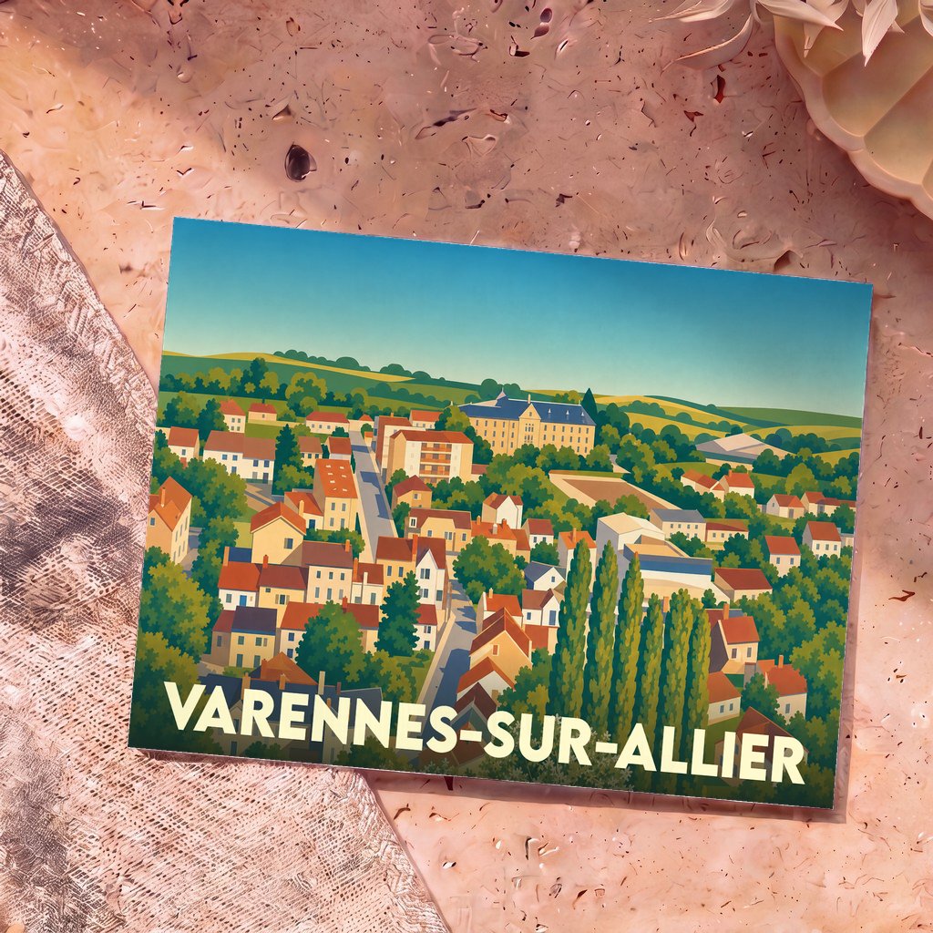 Carte postale souvenir de la ville de Varennes-sur-Allier avec une illustration stylisée d'un panorama urbain.