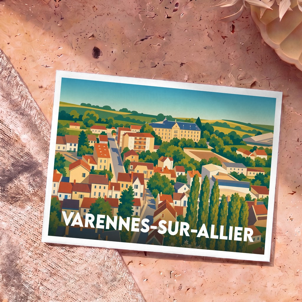 Carte postale souvenir de la ville de Varennes-sur-Allier avec une illustration stylisée d'un panorama urbain.