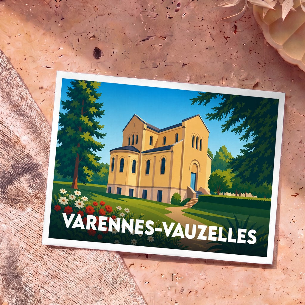 Carte postale souvenir de la ville de Varennes-Vauzelles avec une illustration stylisée.