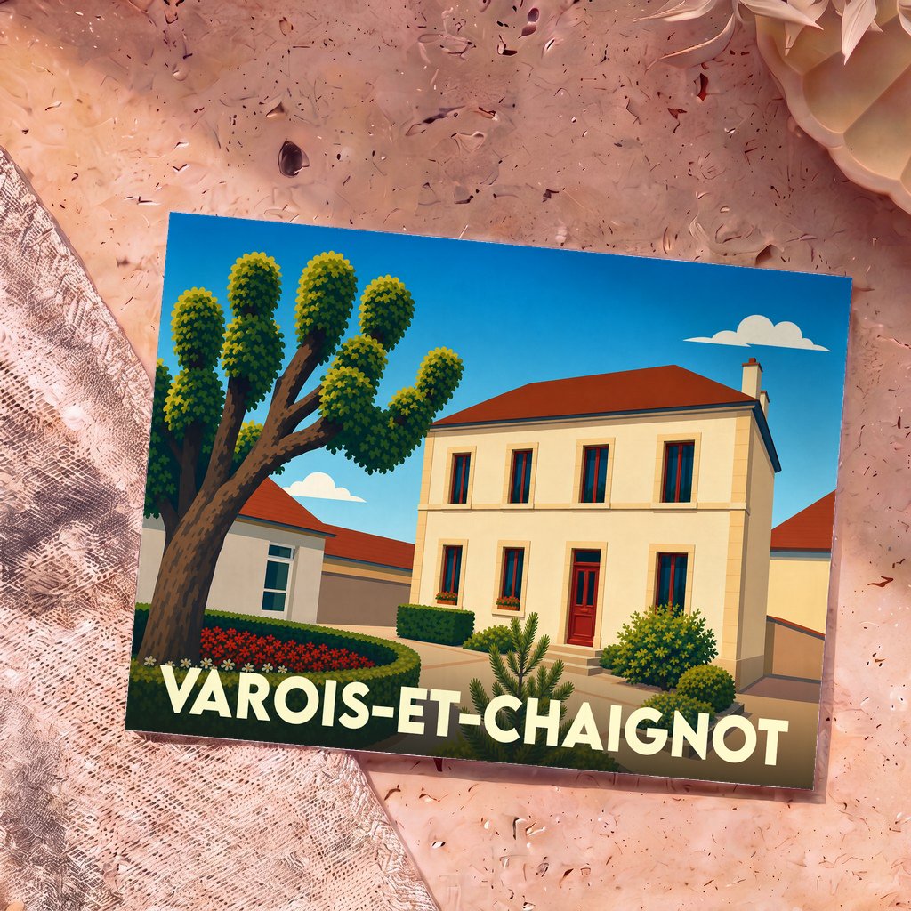 Carte postale souvenir de la ville de Varois-et-Chaignot avec une illustration stylisée d'une maison de bourg.