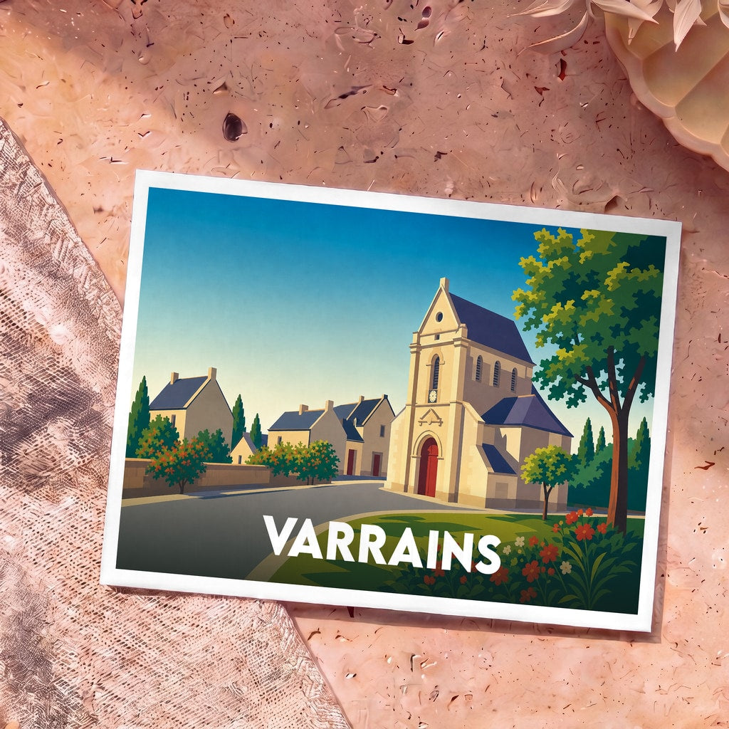 Carte postale souvenir de la ville de Varrains illustrant son église dans un style graphique et coloré.