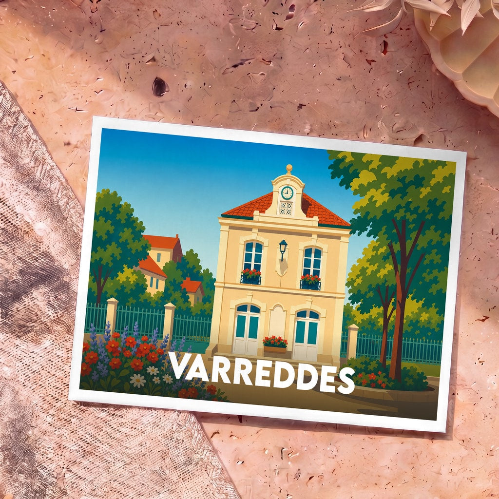 Carte postale souvenir de la ville de Varreddes illustrant l'hôtel de ville dans un style graphique épuré et coloré.