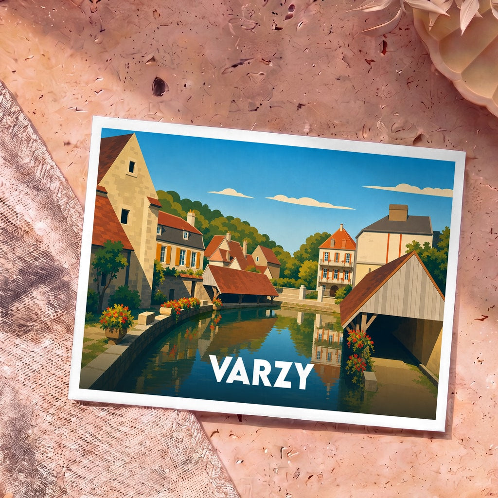 Carte postale souvenir de la ville de Varzy avec une illustration stylisée d'un canal bordé de maisons pittoresques.