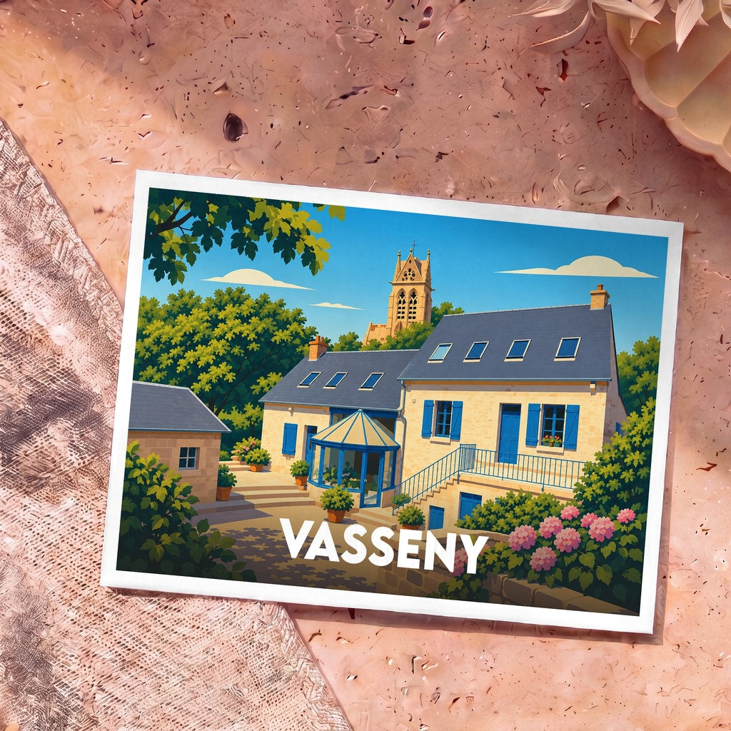 Carte postale souvenir de la ville de Vasseny avec une illustration colorée et stylisée de ses maisons et de son église.