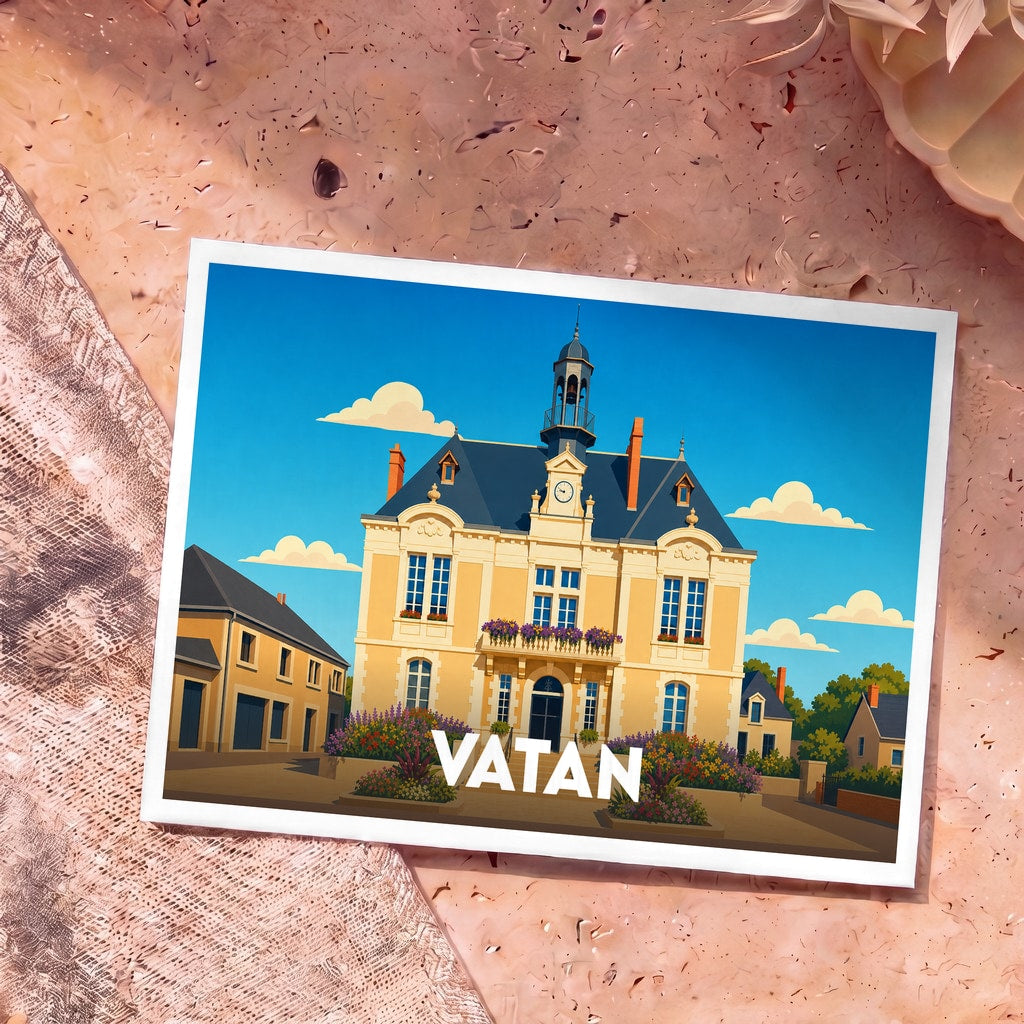 Carte postale souvenir de la ville de Vatan présentant une illustration stylisée de son hôtel de ville sous un ciel bleu.