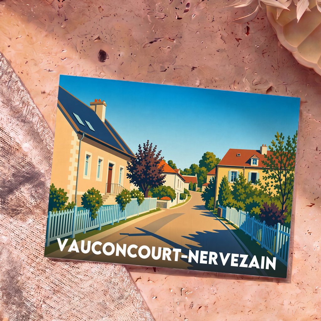 Carte postale souvenir de la ville de Vauconcourt-Nervezain avec une illustration stylisée.