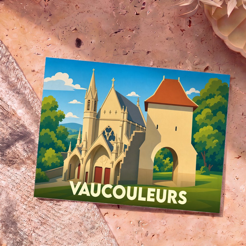 Carte postale souvenir de la ville de Vaucouleurs avec une illustration stylisée de son église et de sa porte fortifiée.