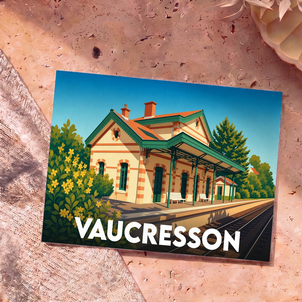 Carte postale souvenir de la ville de Vaucresson représentant son ancienne gare dans un style illustré et coloré.