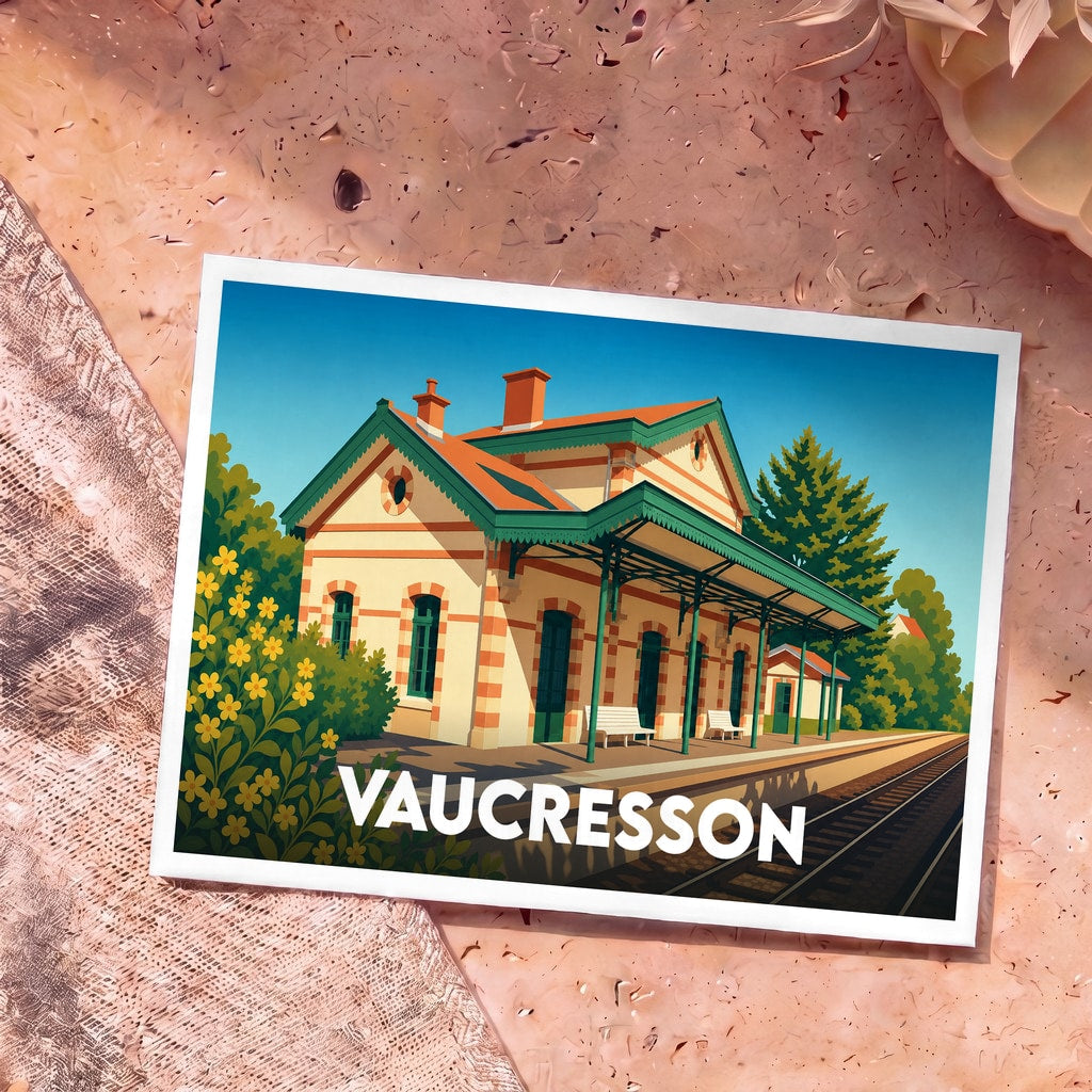 Carte postale souvenir de la ville de Vaucresson représentant son ancienne gare dans un style illustré et coloré.