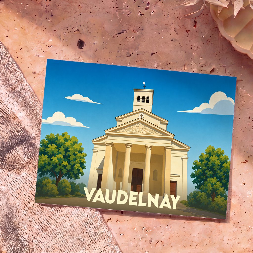 Carte postale souvenir de la ville de Vaudelnay avec une illustration stylisée de son église néoclassique.
