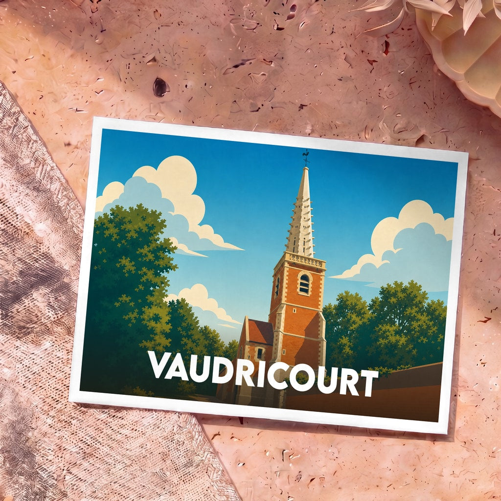 Carte postale souvenir de la ville de Vaudricourt illustrant son église dans un style graphique épuré.