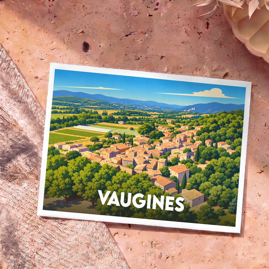 Carte postale souvenir de la ville de Vaugines avec une illustration panoramique stylisée.