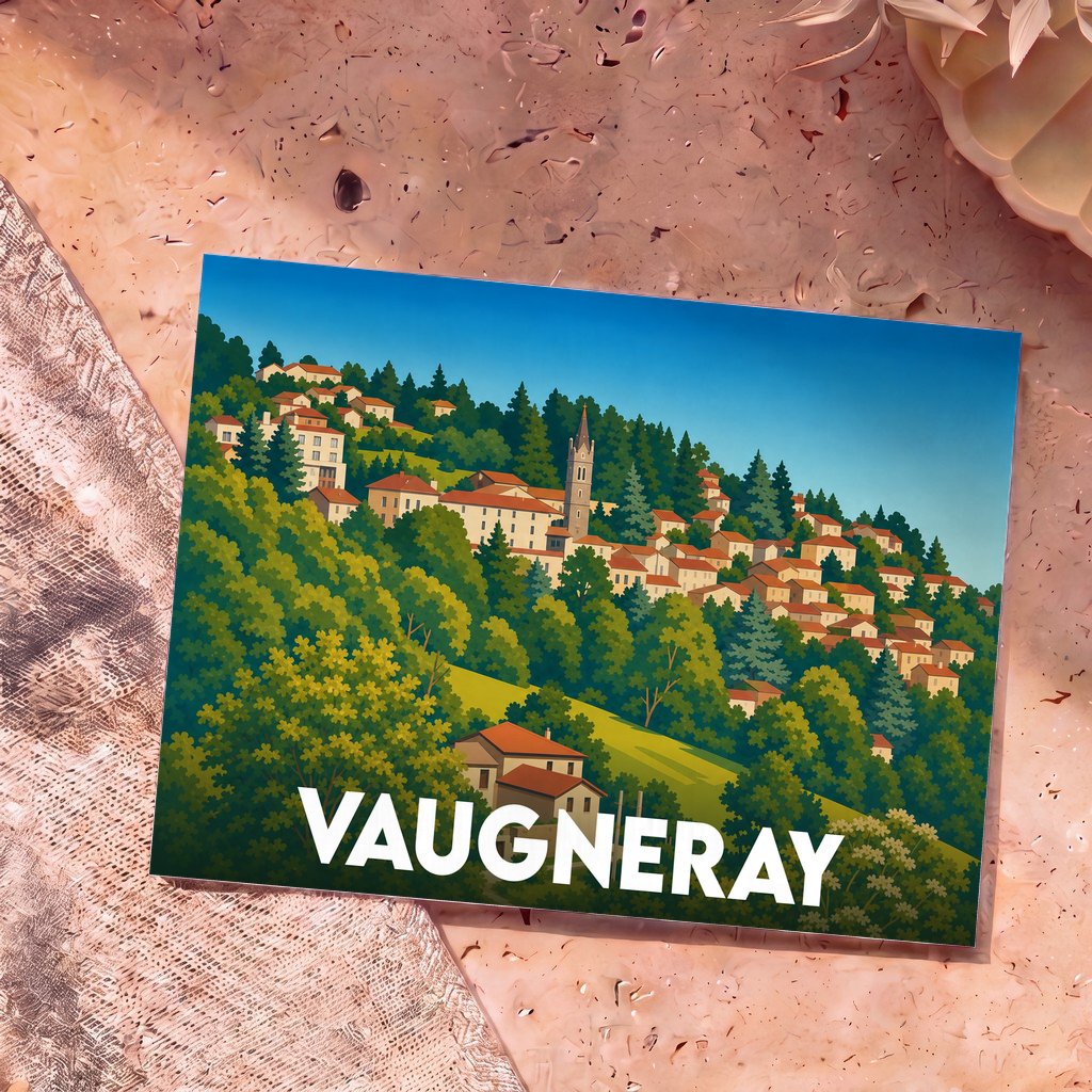 Carte postale souvenir de la ville de Vaugneray avec une illustration stylisée d'un village vallonné.