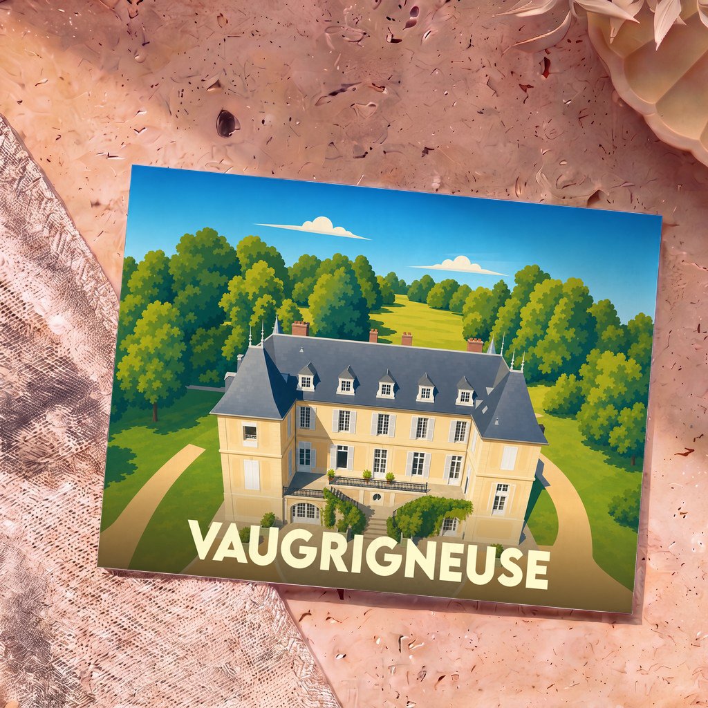 Carte postale souvenir de la ville de Vaugrigneuse illustrant son château dans un style graphique épuré.