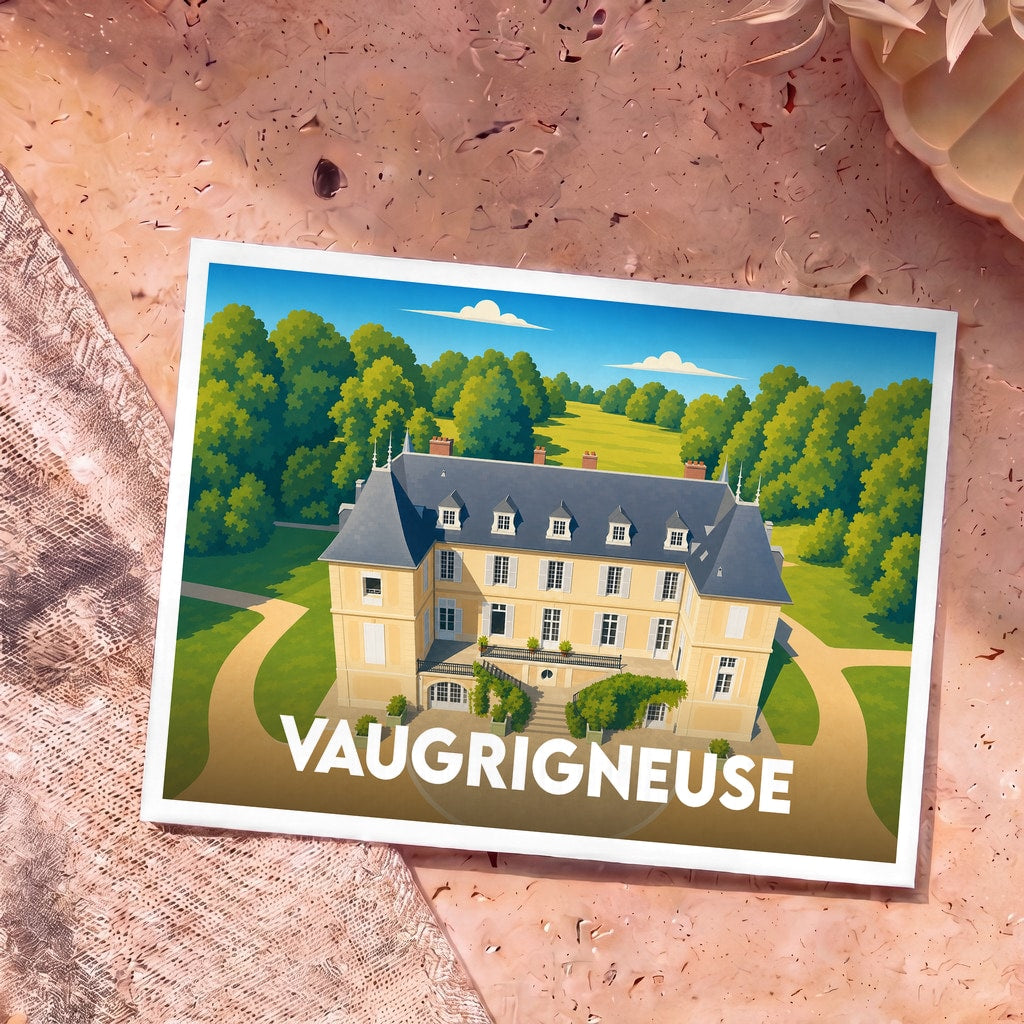 Carte postale souvenir de la ville de Vaugrigneuse illustrant son château dans un style graphique épuré.