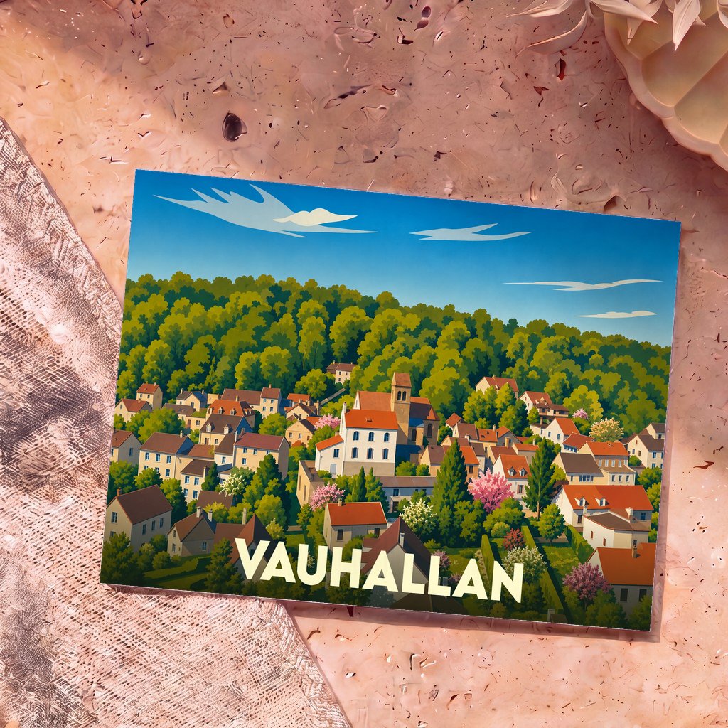 Carte postale souvenir de la ville de Vauhallan avec une illustration stylisée d'un village verdoyant.