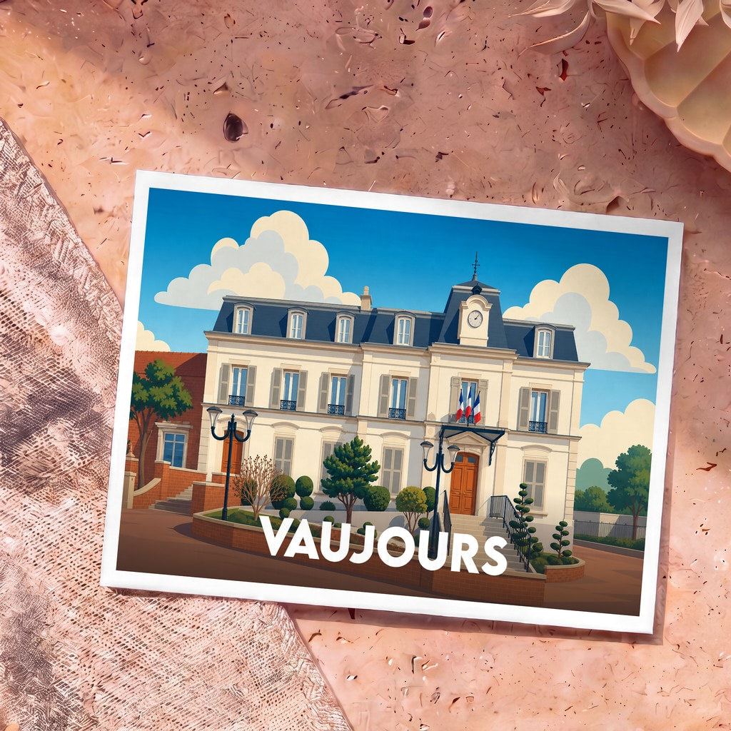 Carte postale souvenir de la ville de Vaujours avec une illustration stylisée de son hôtel de ville.