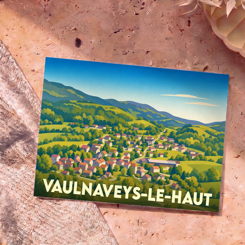 Carte postale souvenir de la ville de Vaulnaveys-le-Haut illustrant un paysage de village montagneux dans un style graphique épuré.